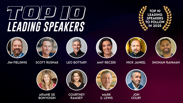 Amy Reczek Named One of the Top 10 Leading Speakers to Follow in 2025 Top 10 Leading Speakers to Follow in 2025 featuring headshots of Jim Fielding, Scott Rusnak, Leo Bottary, Amy Reczek, Nick Jankel, Shohan Rahman, Ariane de Bonvoisin, Courtney Ramsey, Mark S. Lewis, and Jon Colby.