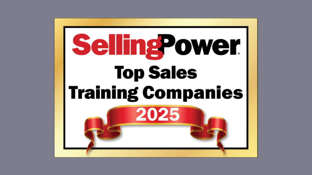 Selling Power 2025 Top Sales Training Companies award badge with a red ribbon and gold frame