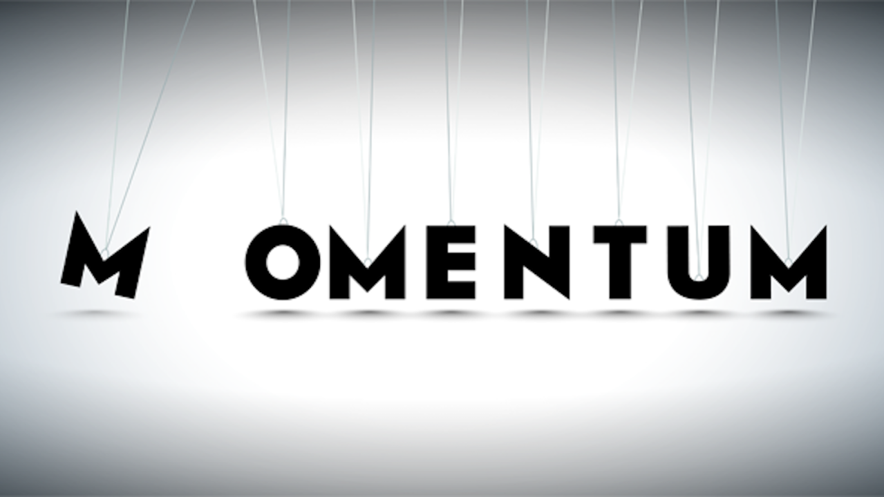The word “Momentum” depicted with each letter hanging from strings, with the first “M” swinging forward to create a sense of motion.